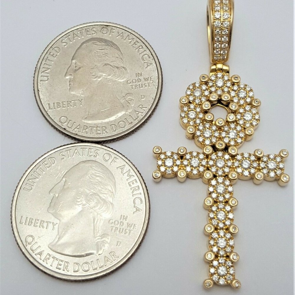 Unique 14K Karat Solid Yellow Gold Designer Ankh Cubic Zirconia Charm Pendant - Picture 7 of 10